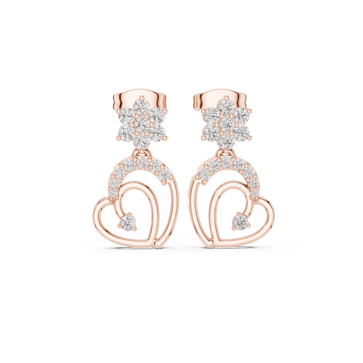 Round cut diamond floral and heart motif drop earrings with pavé accents