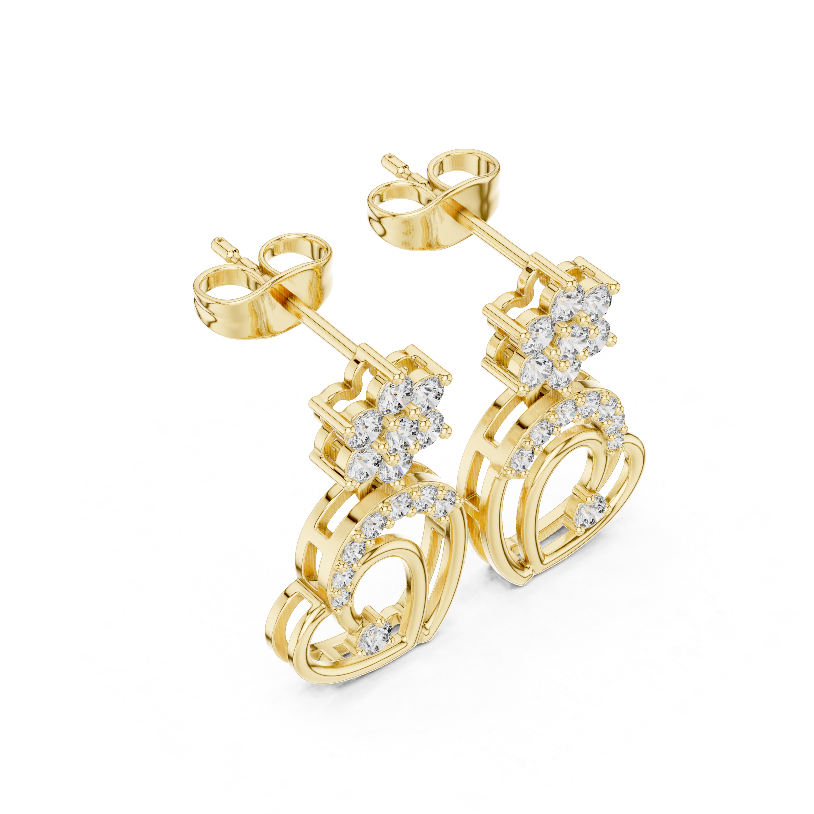 Brilliant round cut diamond floral heart drop earrings shine detail pavé