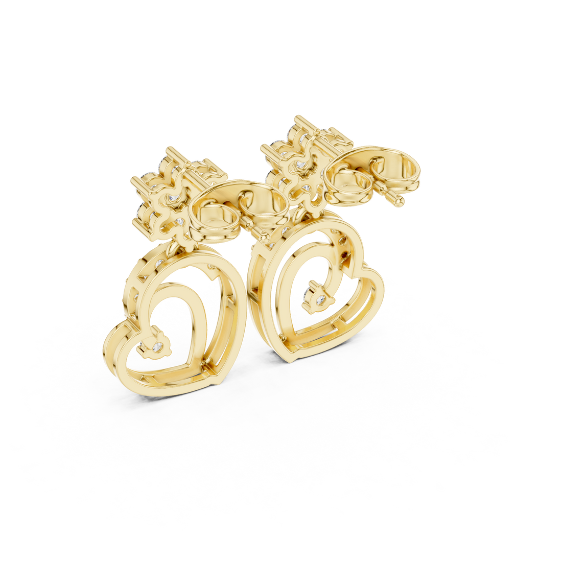 Round diamond floral and heart motif drop earrings romantic elegant style