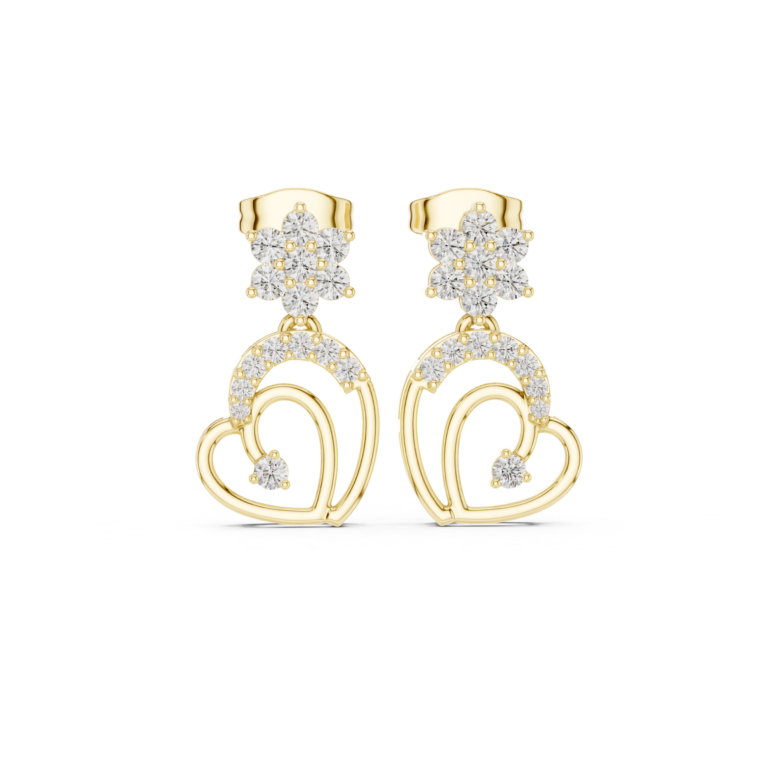 High shine round cut diamond floral heart drop earrings pavé setting
