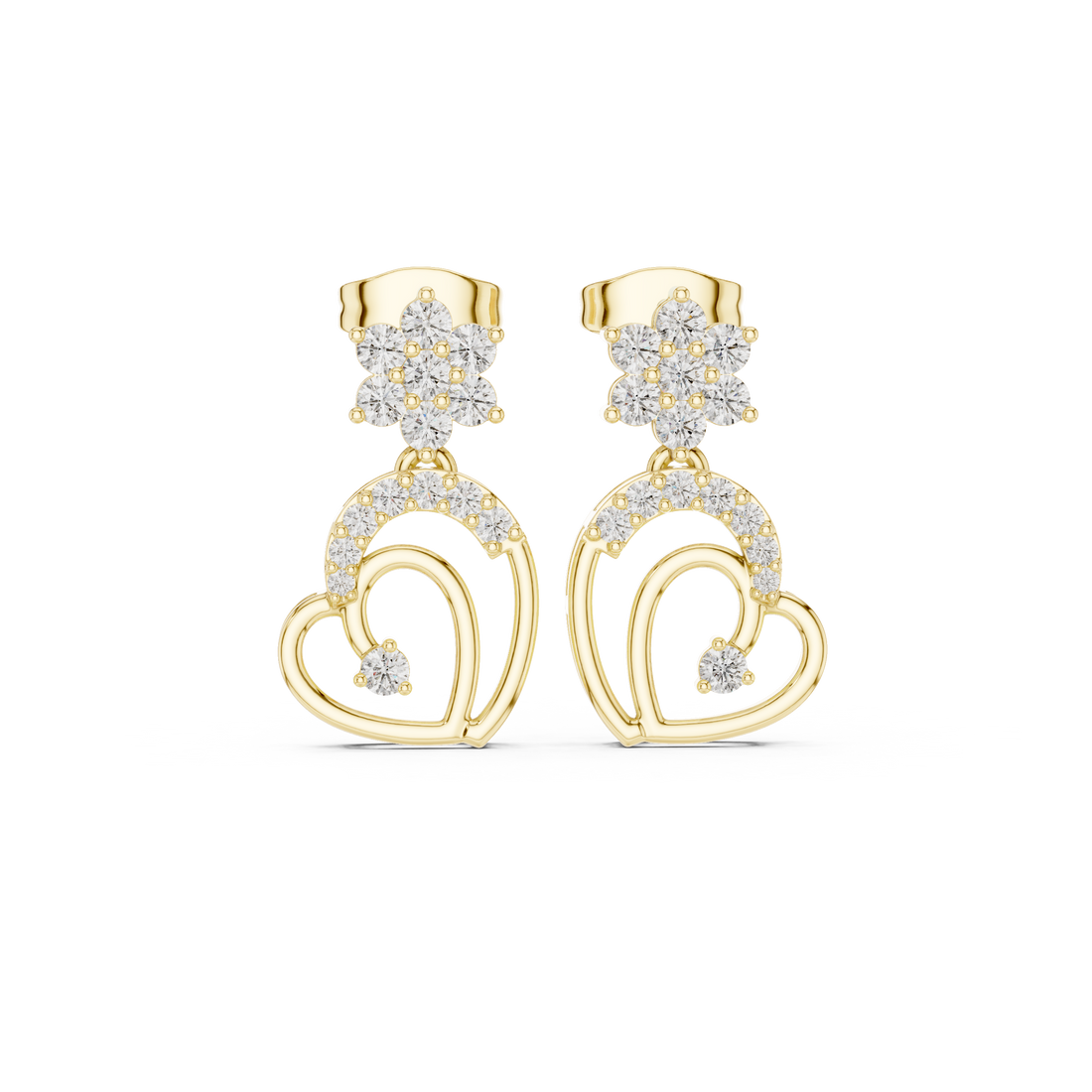 High shine round cut diamond floral heart drop earrings pavé setting
