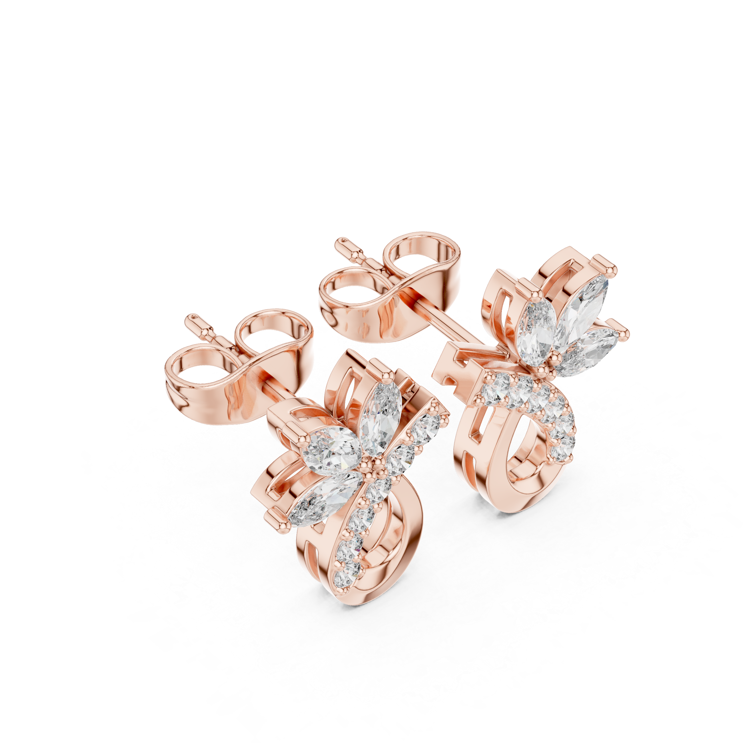 Floral teardrop stud earrings with marquise and round cut diamonds