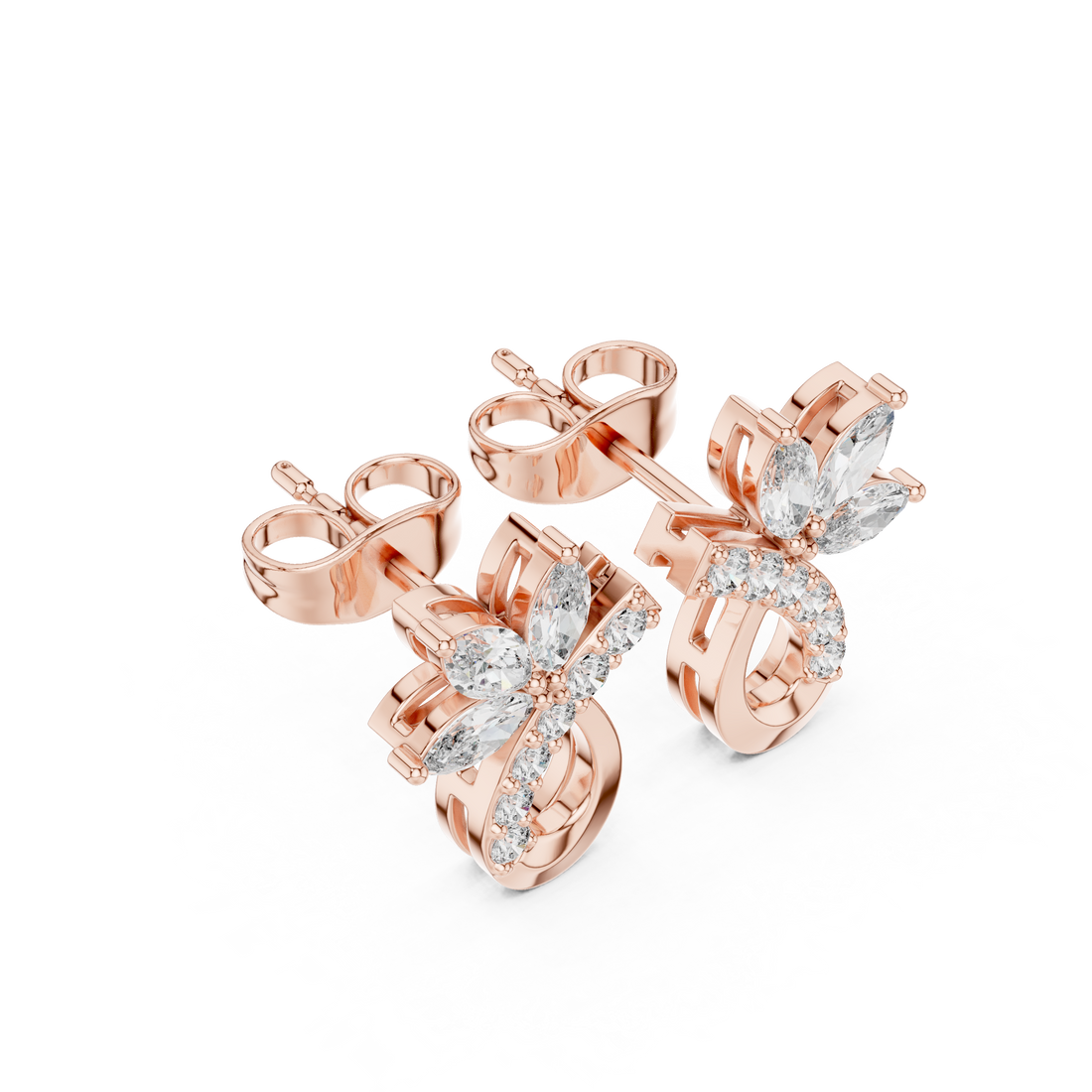 Floral teardrop stud earrings with marquise and round cut diamonds