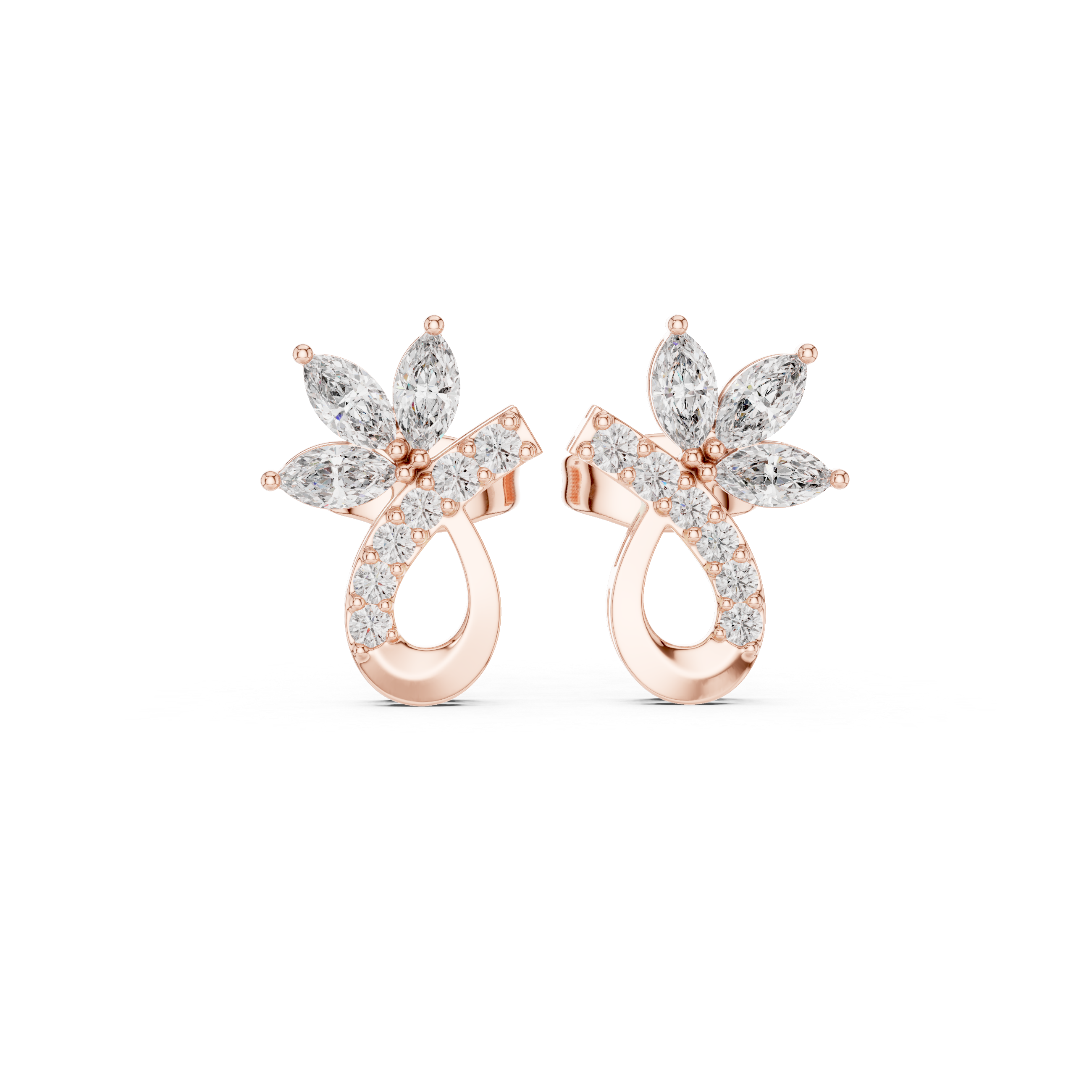 Marquise and round cut diamond floral teardrop stud earrings
