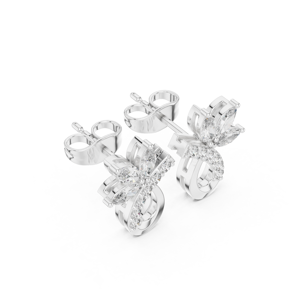 Sparkling marquise and round cut diamond floral teardrop stud earrings close-up