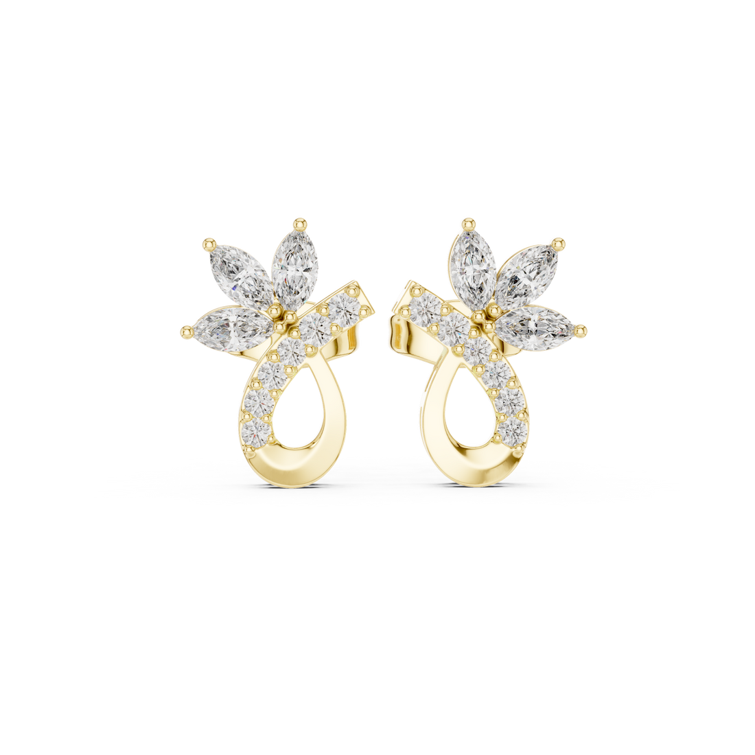 High shine marquise and round cut diamond floral teardrop stud earrings