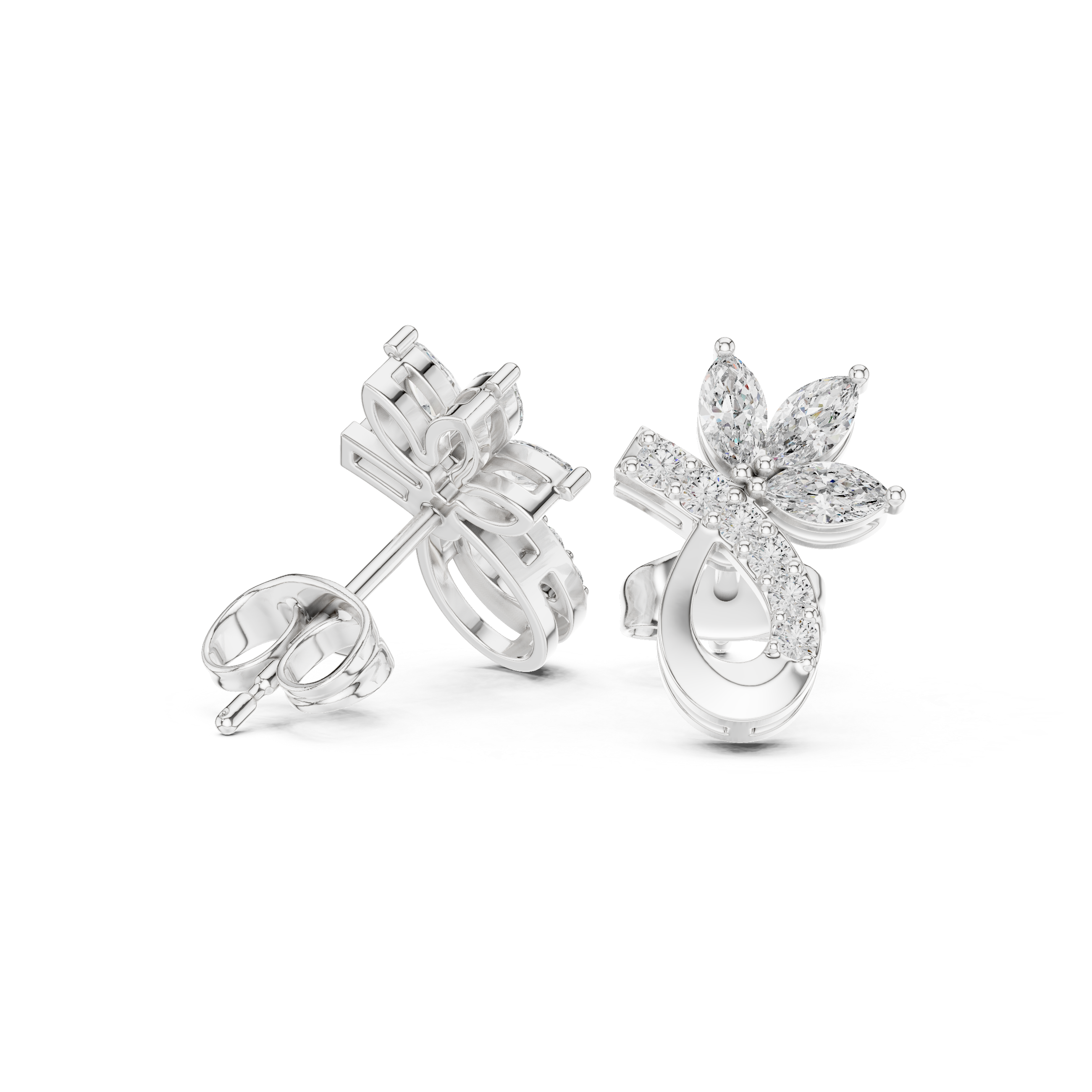 Close-up of marquise and round cut diamond floral teardrop stud earrings detail