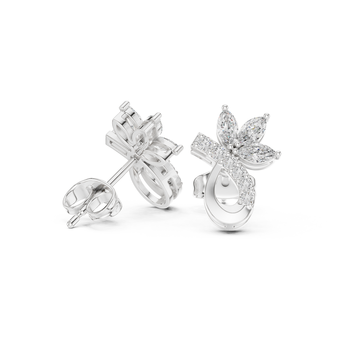 Close-up of marquise and round cut diamond floral teardrop stud earrings detail