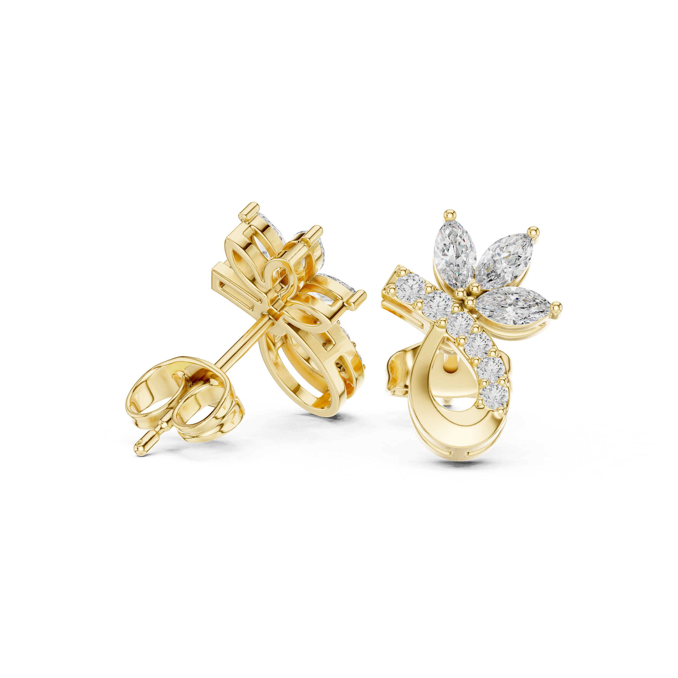 Premium marquise and round diamond floral teardrop stud earrings modern design