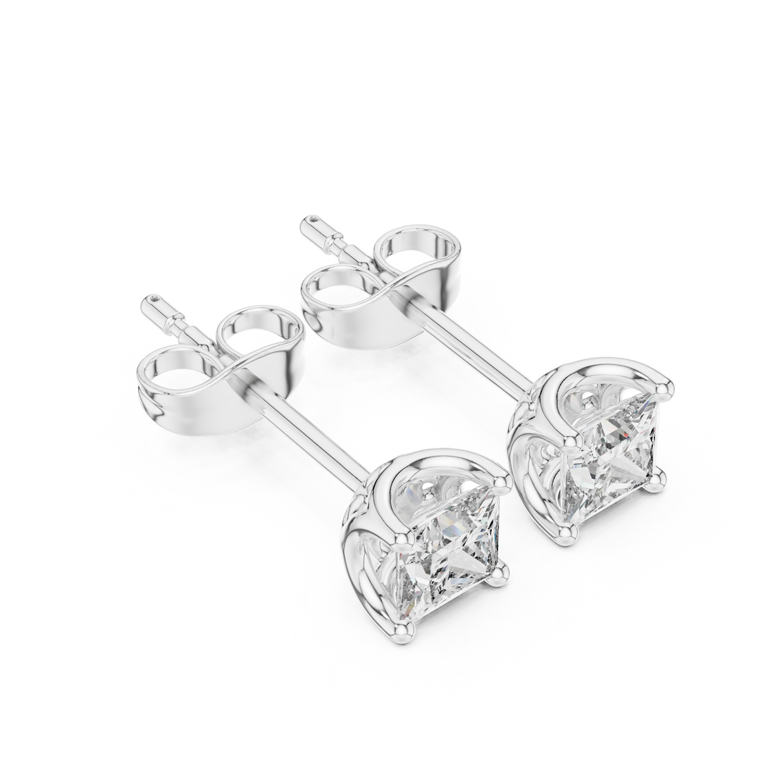 Sparkling princess cut diamond solitaire stud earrings close-up
