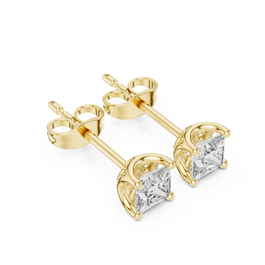 Brilliant princess cut diamond solitaire stud earrings shine detail
