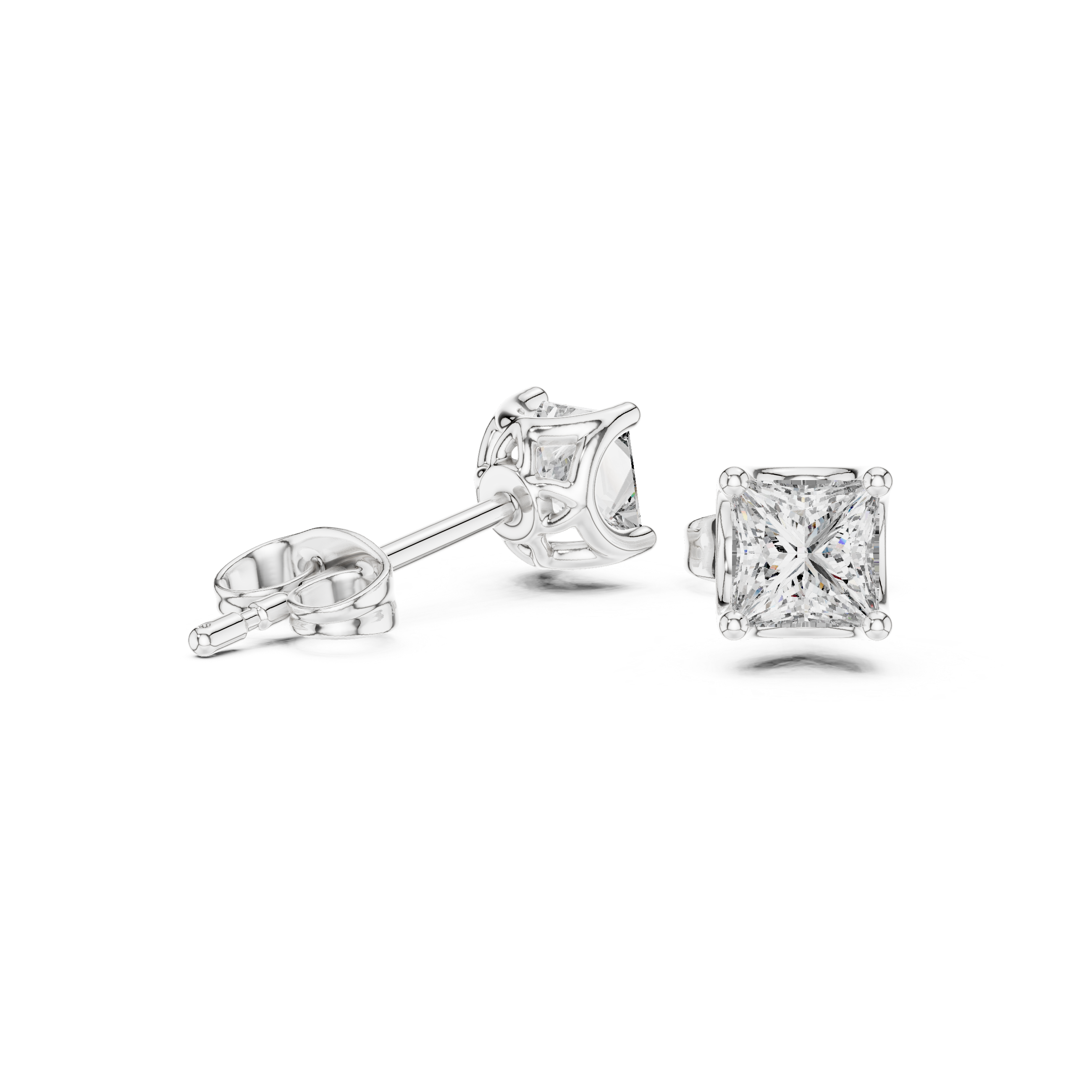 Close-up of princess cut diamond classic solitaire stud earrings detail