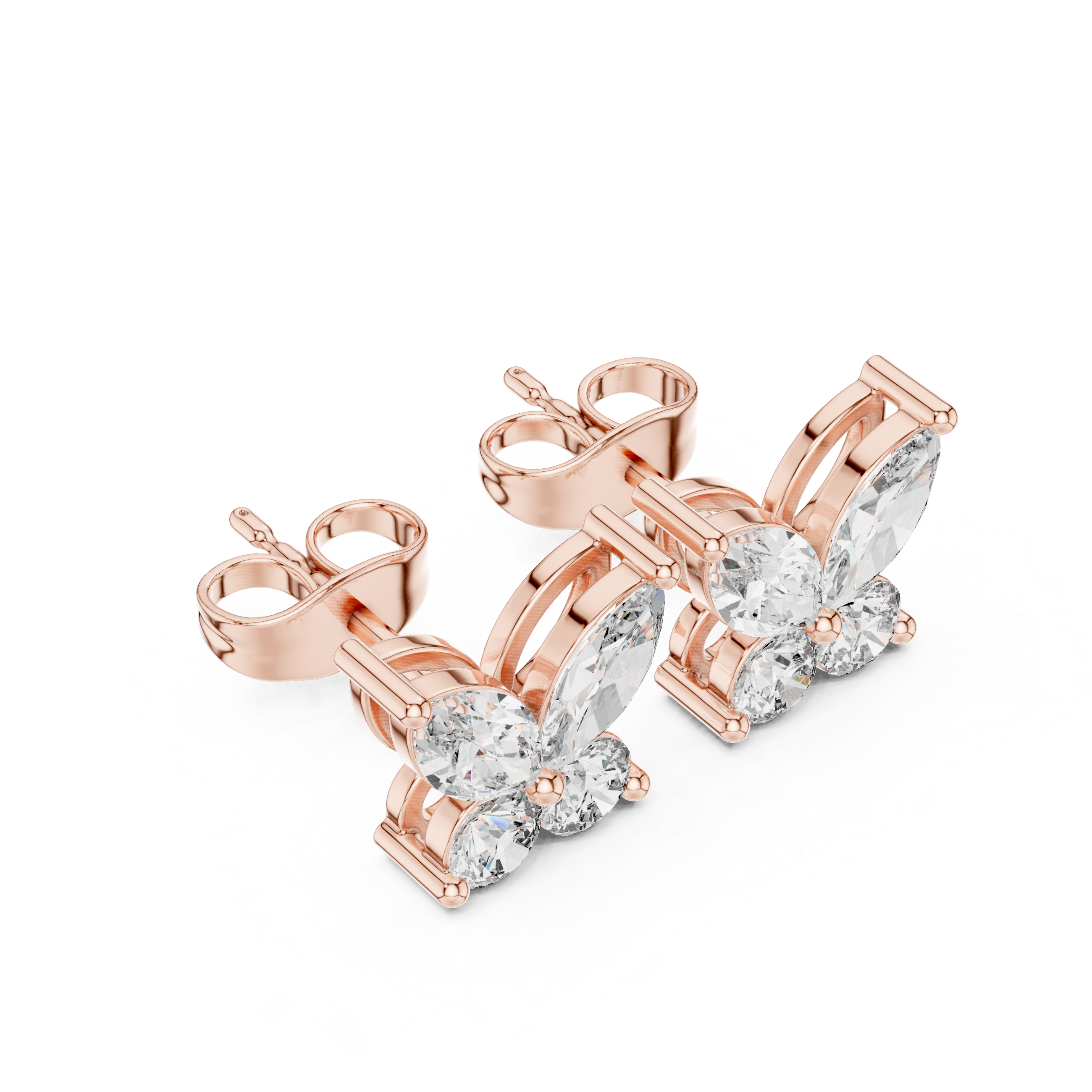 Butterfly cluster stud earrings with marquise and round diamonds