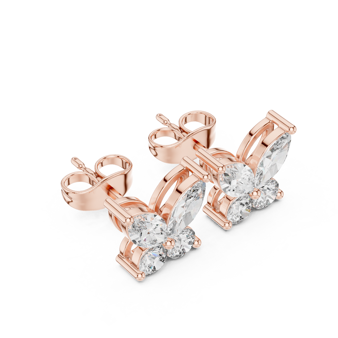 Butterfly cluster stud earrings with marquise and round diamonds