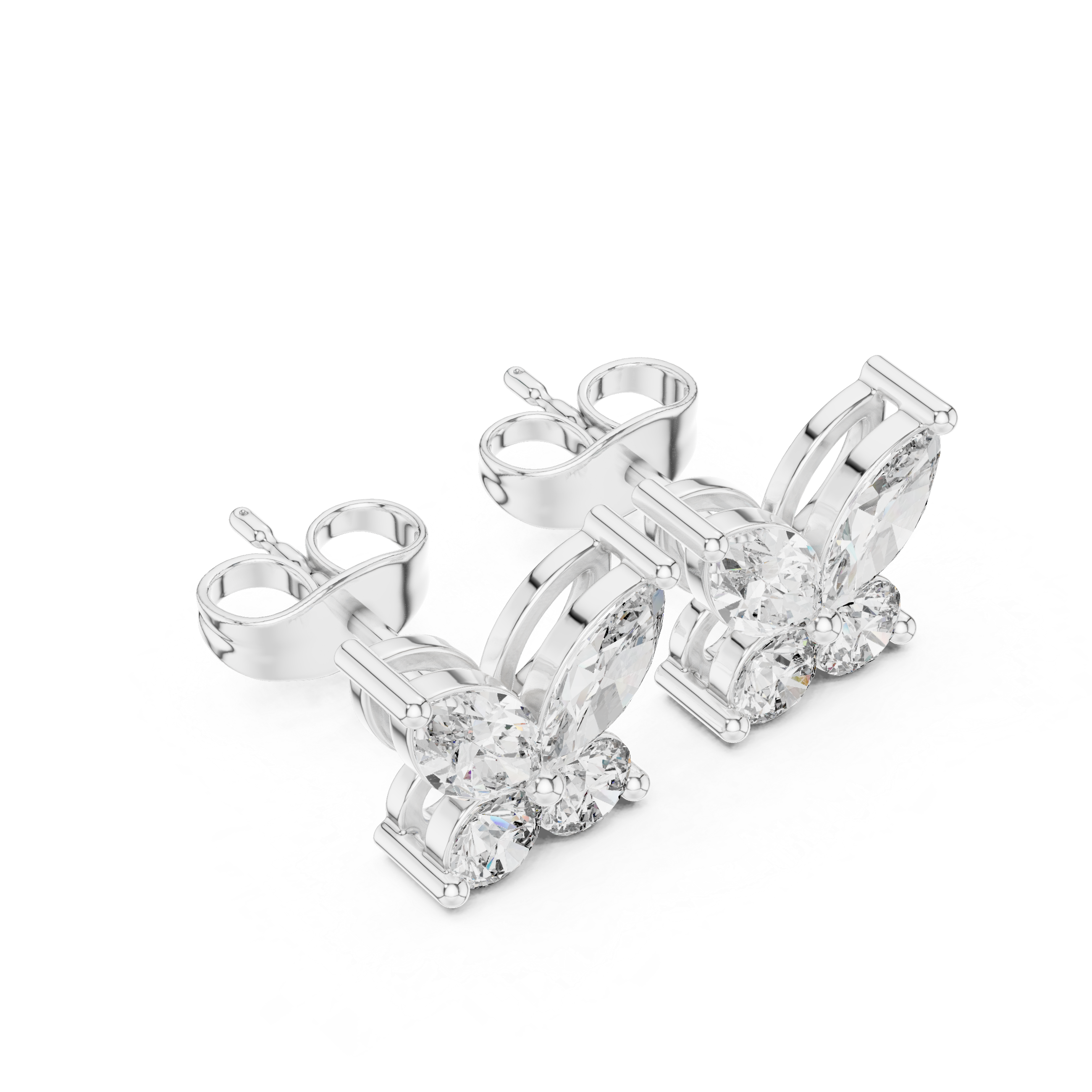 Sparkling marquise and round diamond butterfly stud earrings close-up