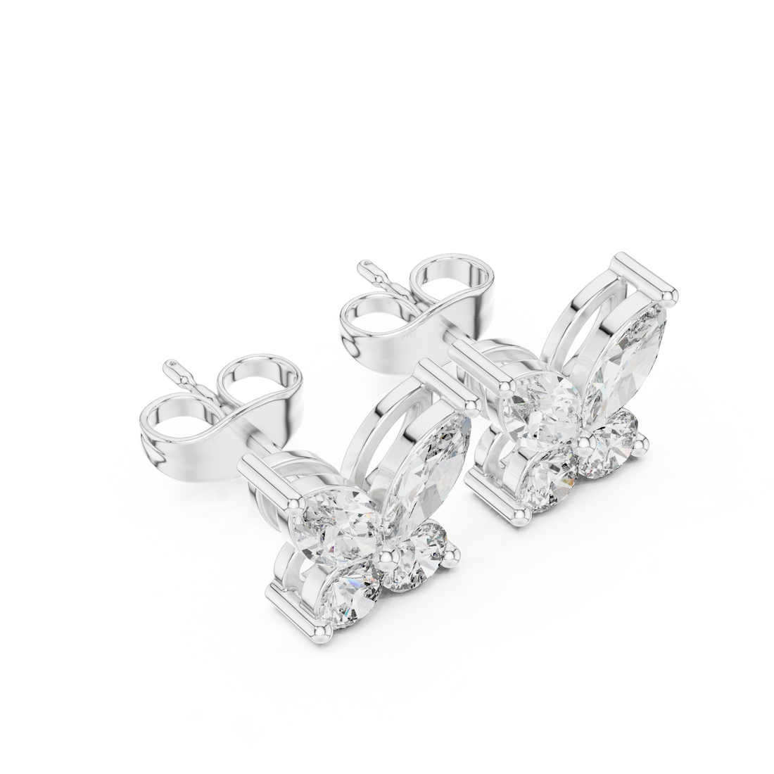 Sparkling marquise and round diamond butterfly stud earrings close-up