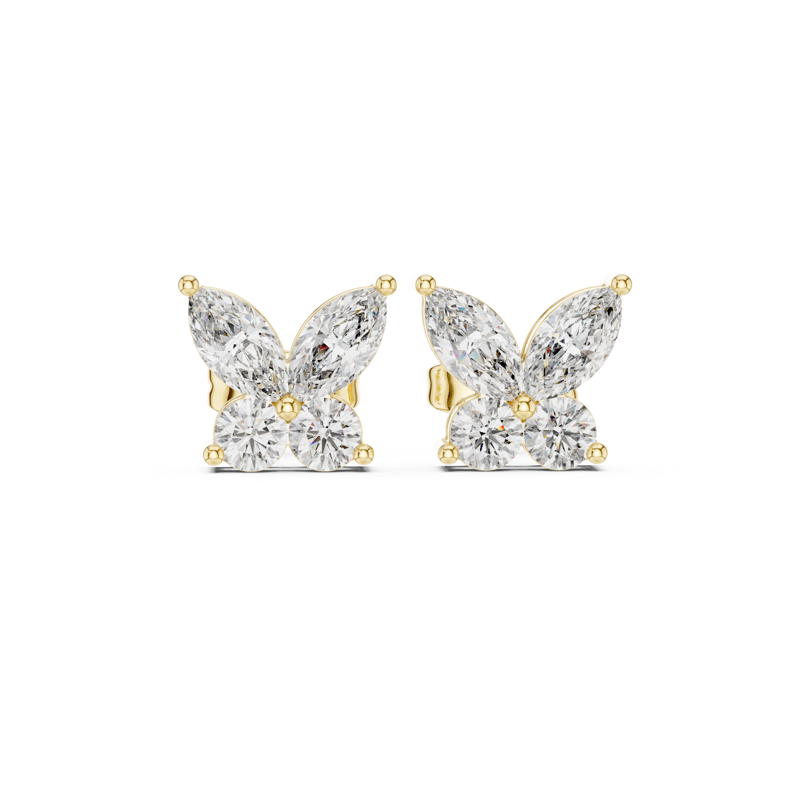 High shine marquise and round diamond butterfly cluster stud earrings