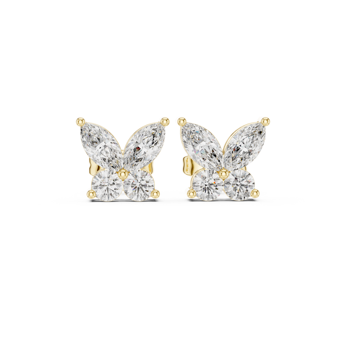 High shine marquise and round diamond butterfly cluster stud earrings