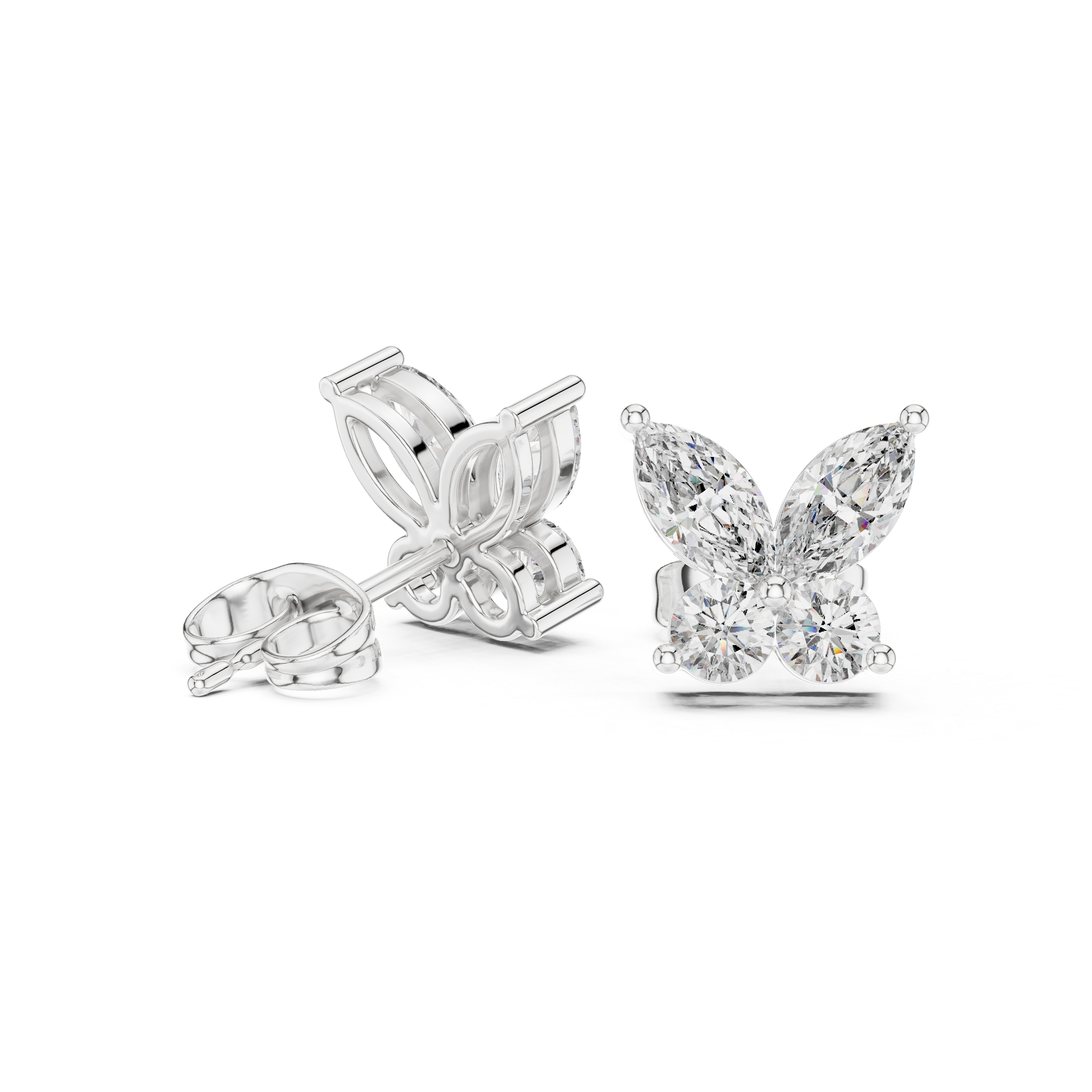 Close-up of marquise and round diamond butterfly cluster stud earrings detail