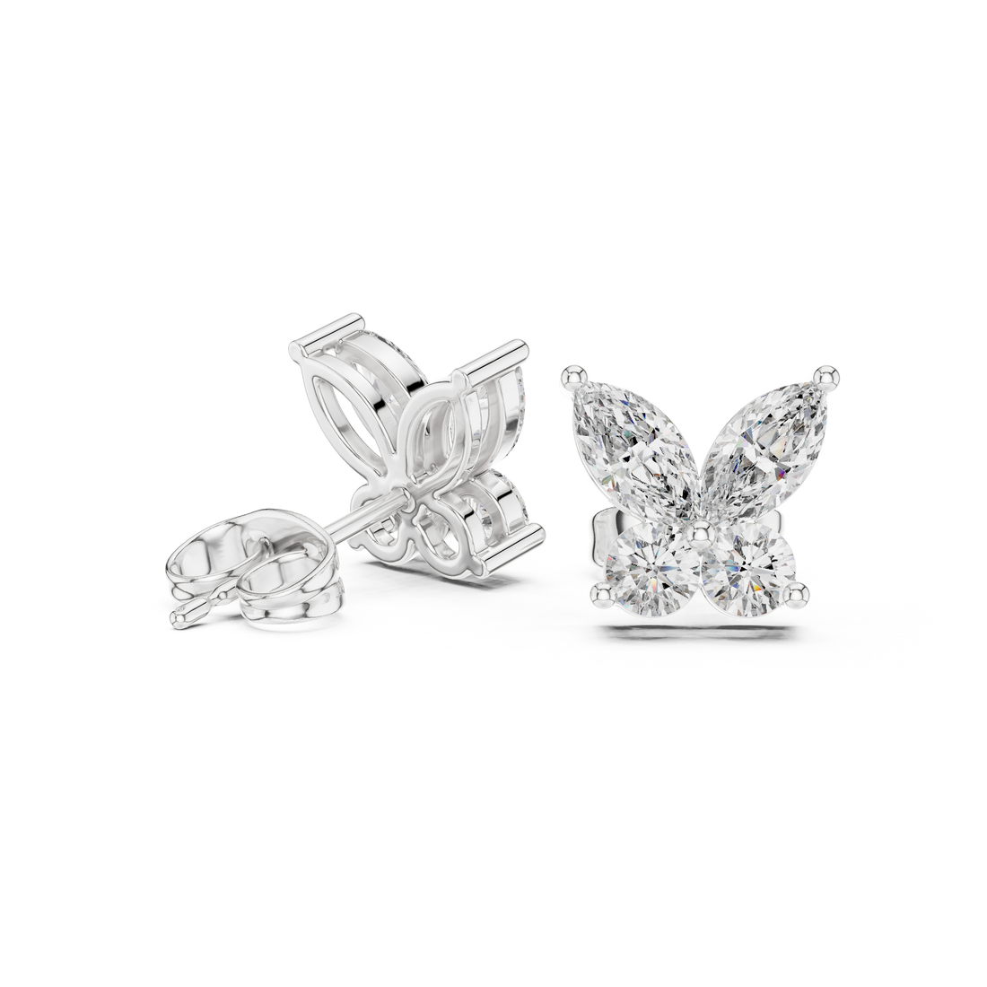 Close-up of marquise and round diamond butterfly cluster stud earrings detail