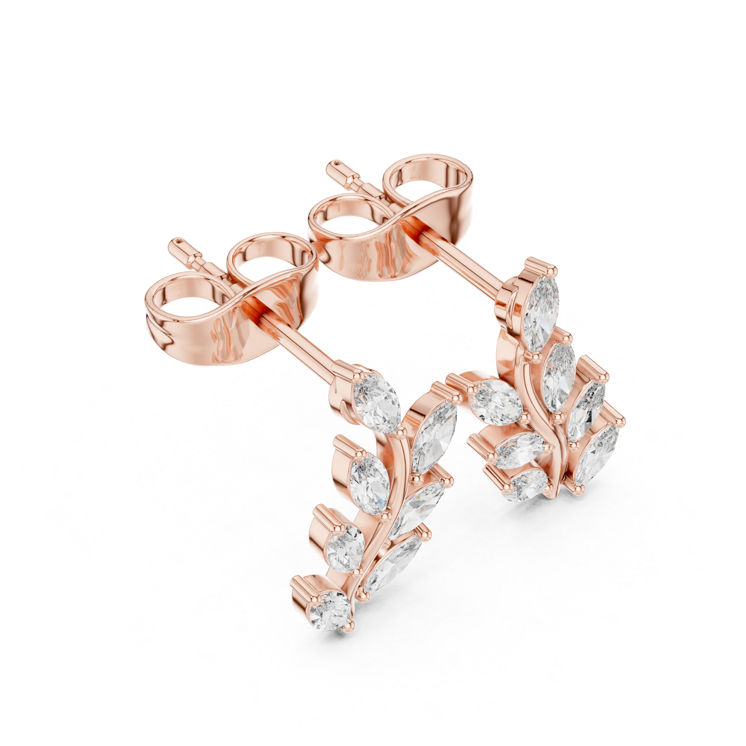 Leaf vine stud earrings with marquise cut diamonds