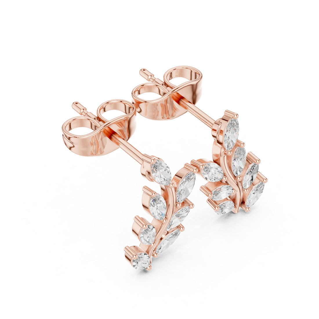 Leaf vine stud earrings with marquise cut diamonds