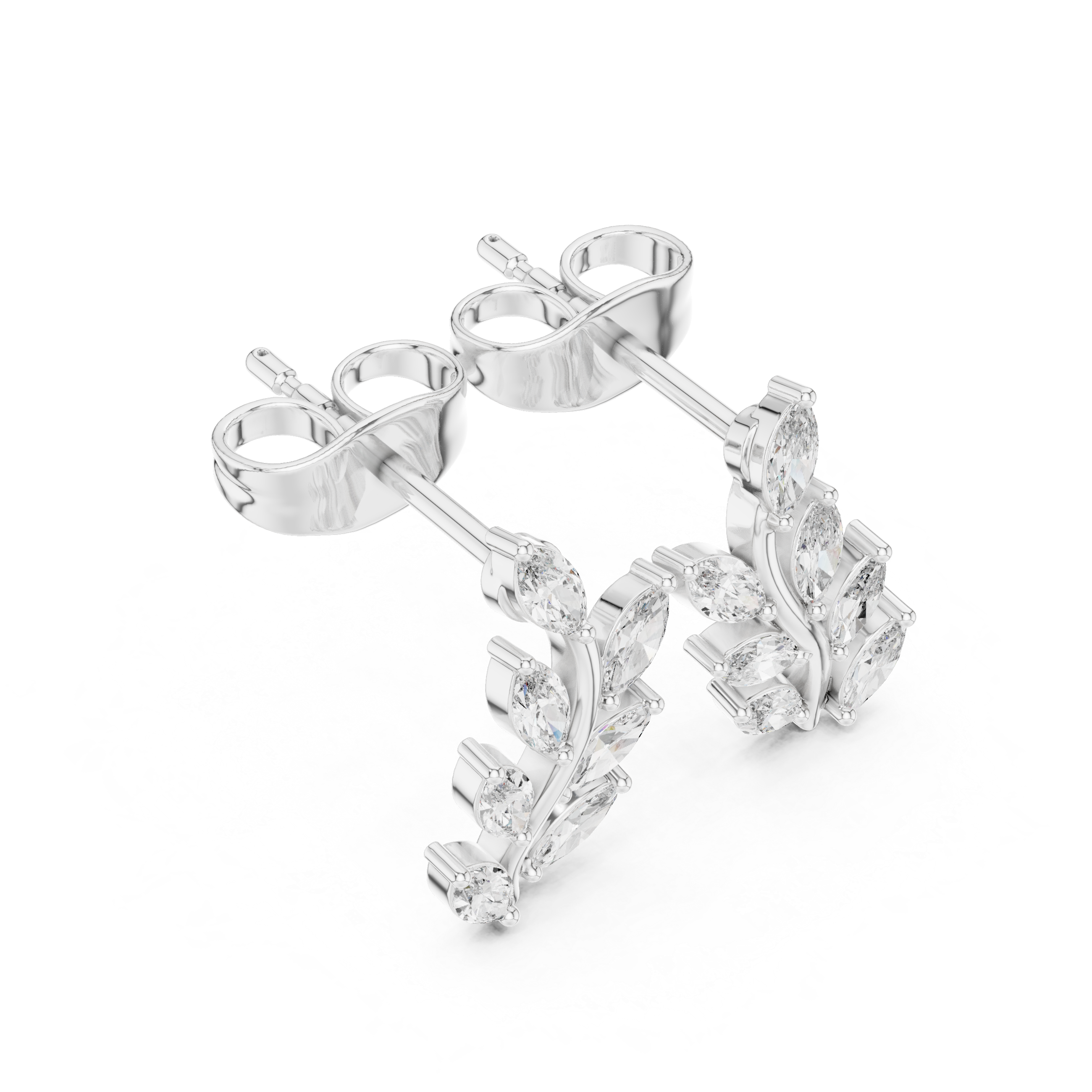 Sparkling marquise cut diamond leaf vine stud earrings close-up