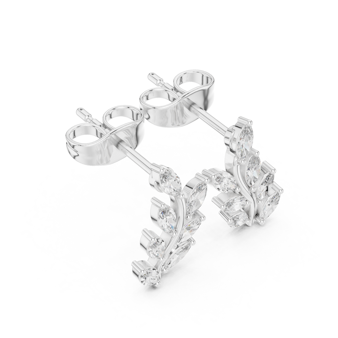 Sparkling marquise cut diamond leaf vine stud earrings close-up