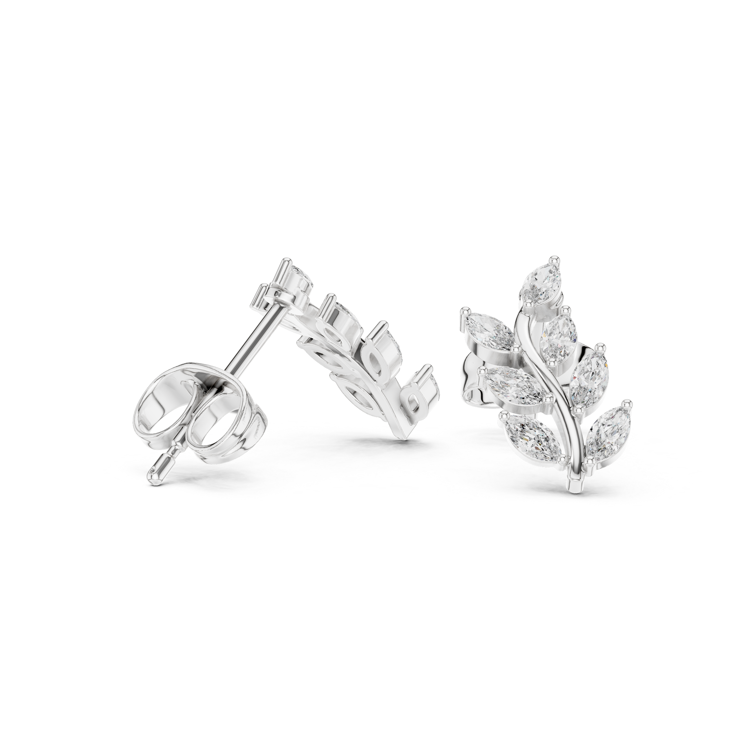 Close-up of marquise cut diamond leaf vine stud earrings detail
