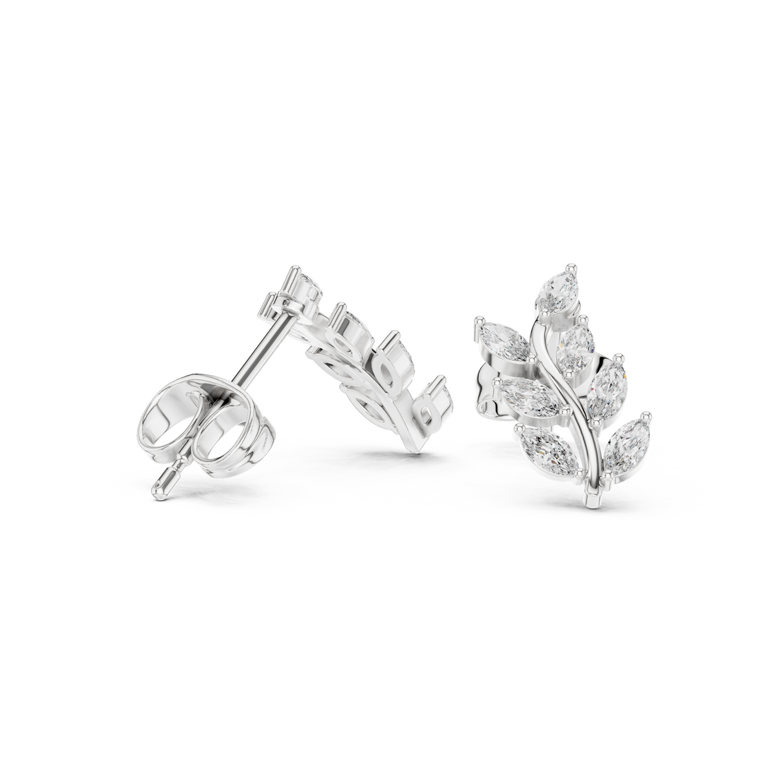 Close-up of marquise cut diamond leaf vine stud earrings detail