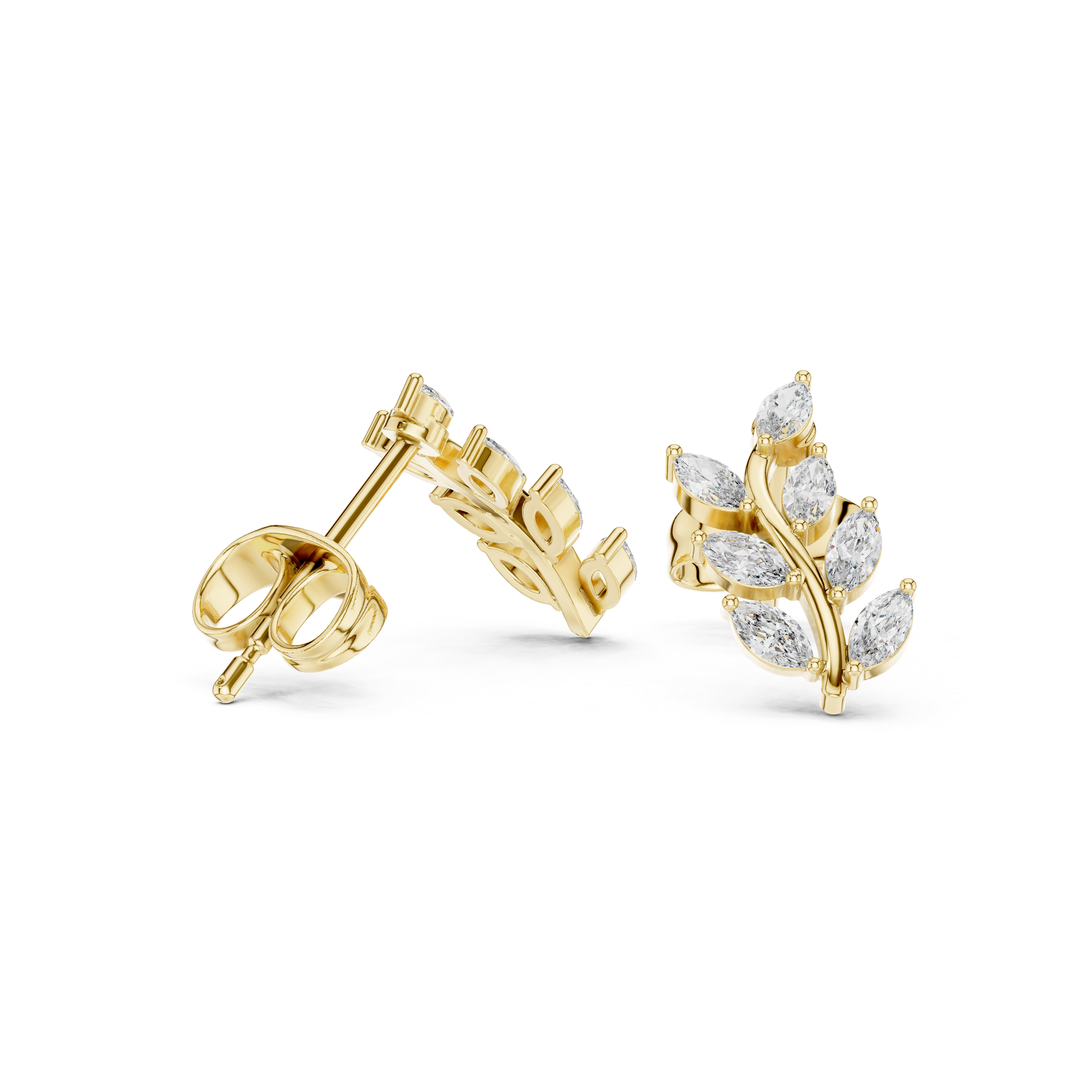 Premium marquise cut diamond leaf vine stud earrings modern design