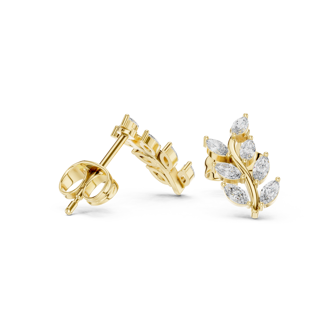 Premium marquise cut diamond leaf vine stud earrings modern design