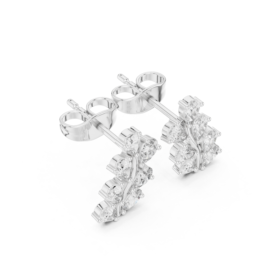Sparkling pear cut diamond leaf cluster stud earrings close-up