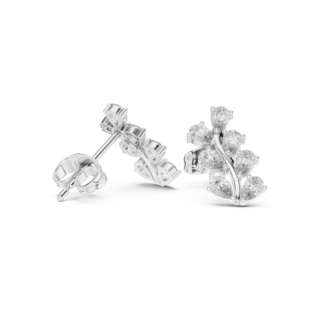 Close-up of pear cut diamond leaf cluster stud earrings detail