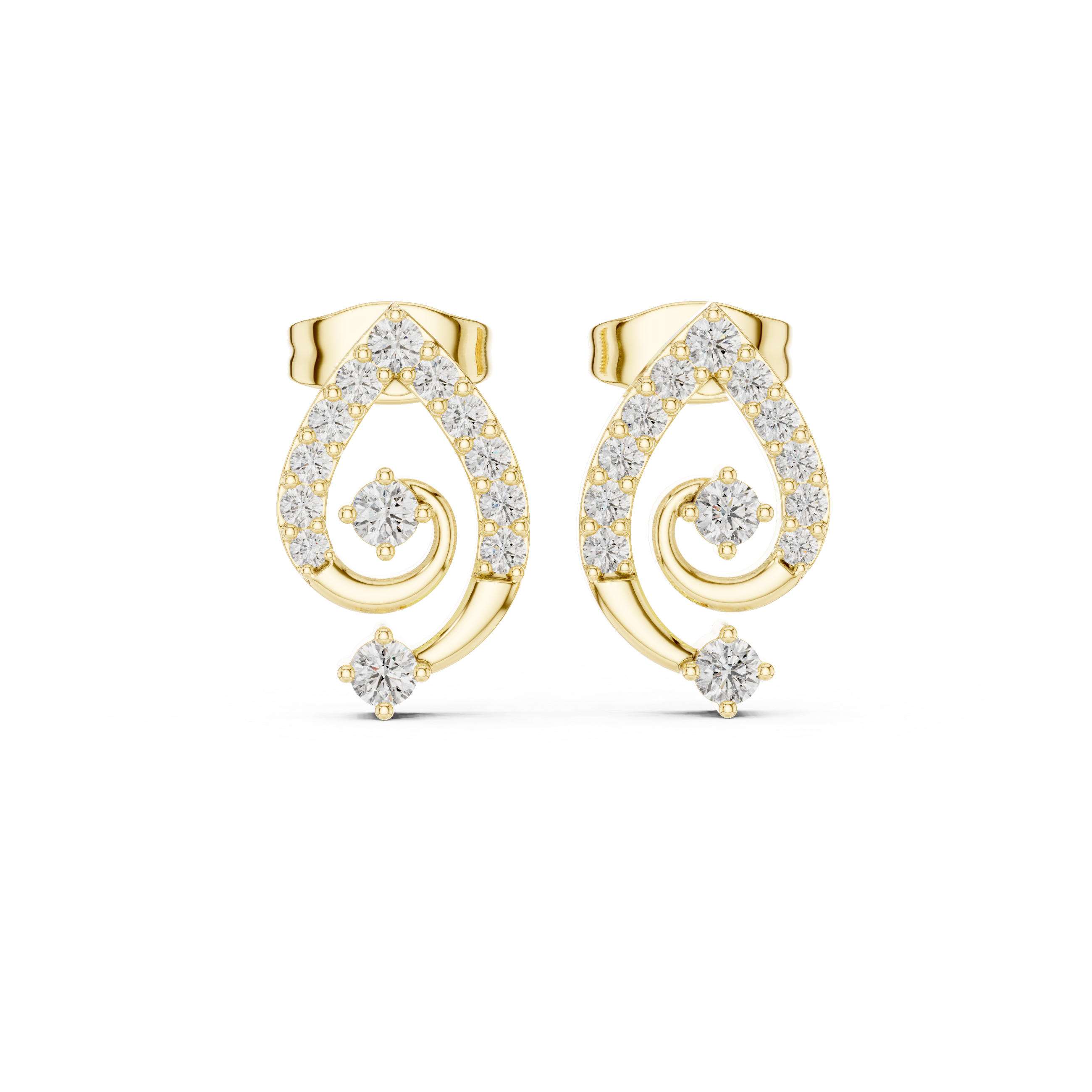 High shine round diamond teardrop swirl cluster stud earrings