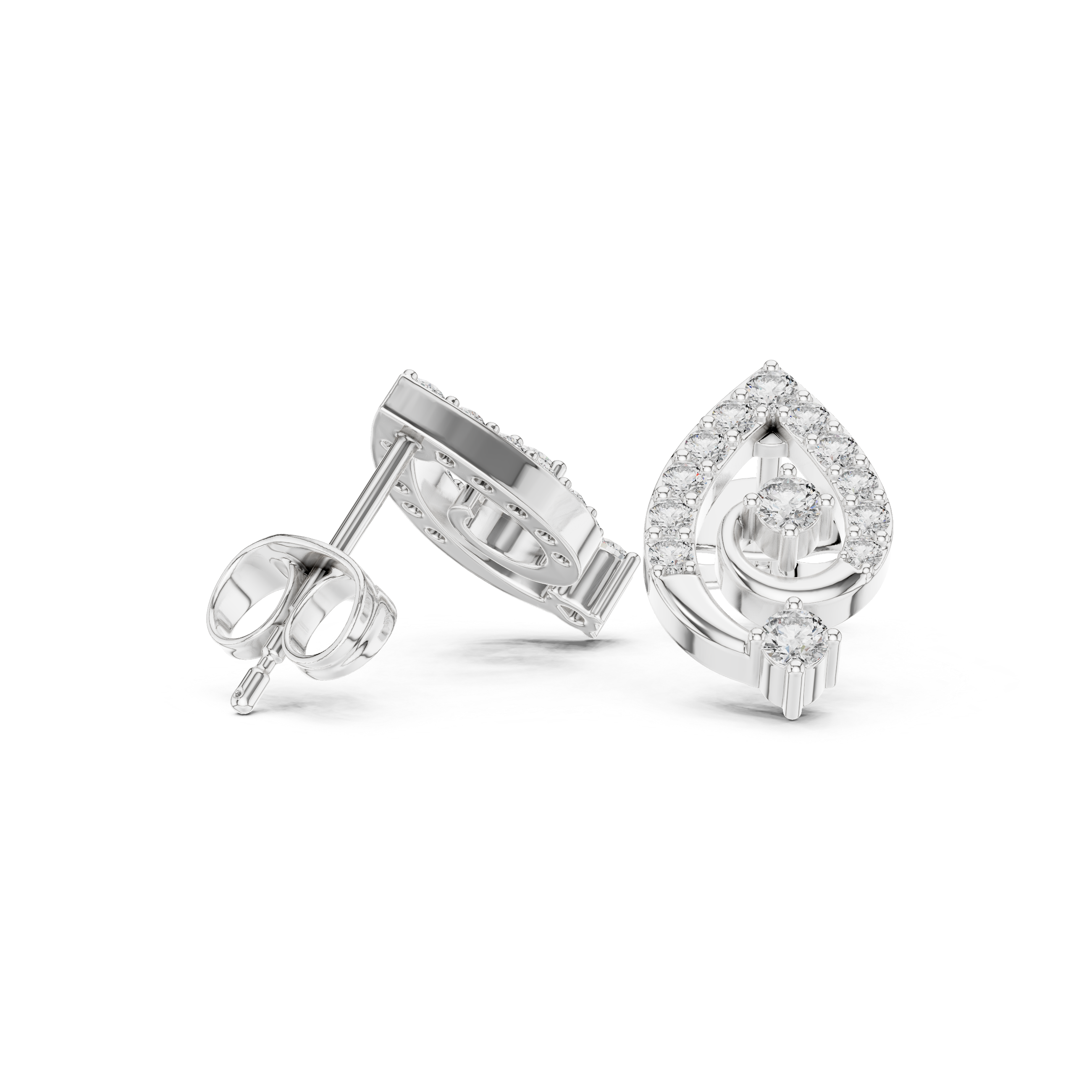 Close-up of round diamond teardrop swirl cluster stud earrings detail