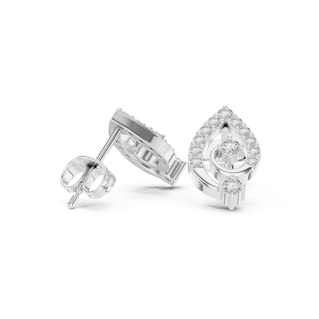 Close-up of round diamond teardrop swirl cluster stud earrings detail