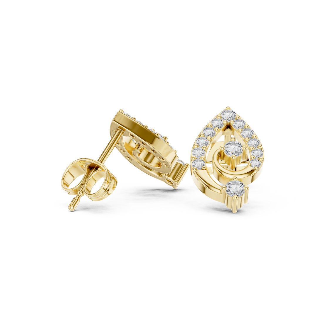 Premium round diamond teardrop swirl cluster stud earrings modern design