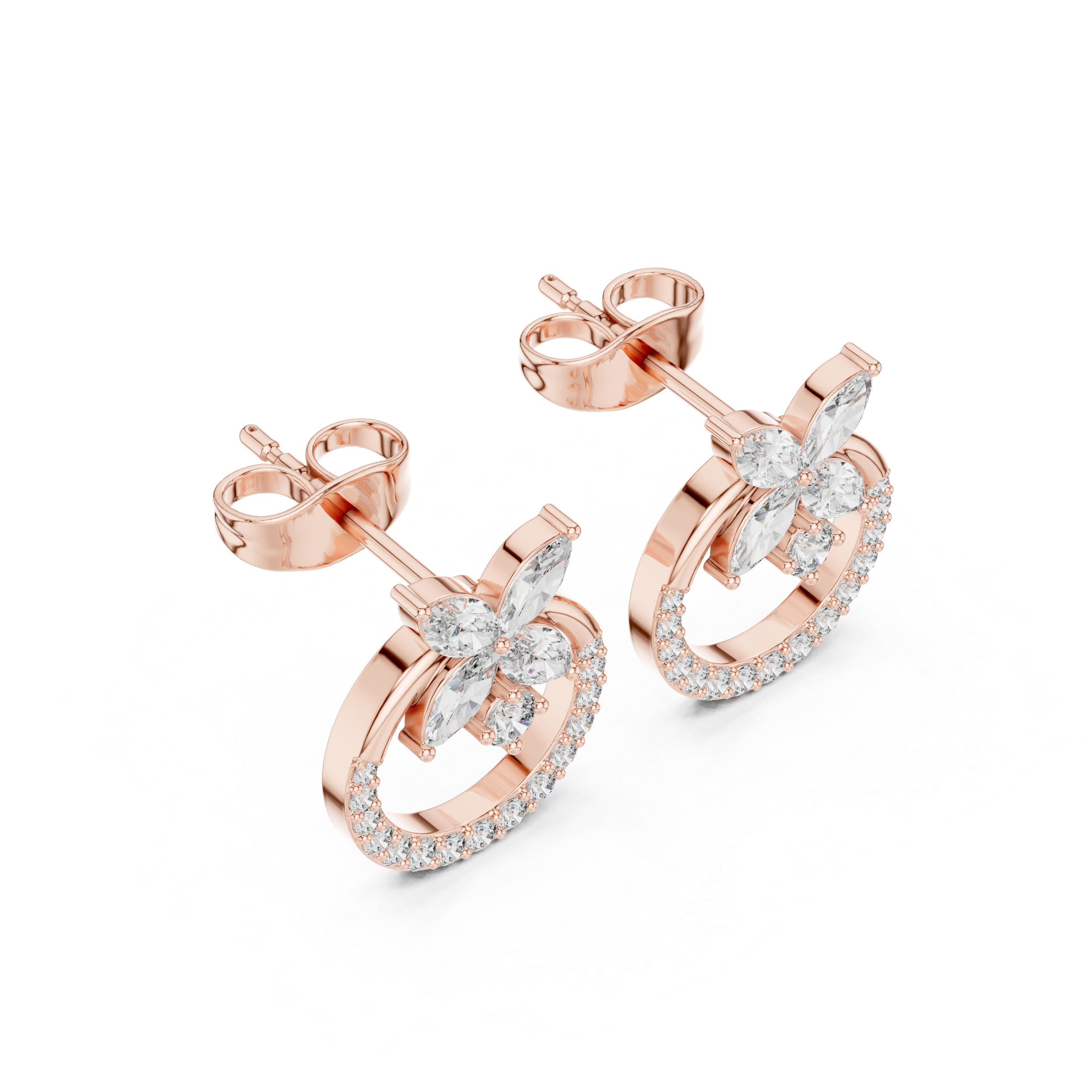 Floral top hoop stud earrings with marquise diamonds and round halo