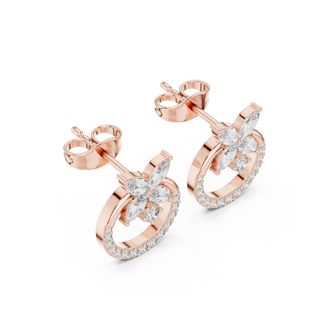 Floral top hoop stud earrings with marquise diamonds and round halo