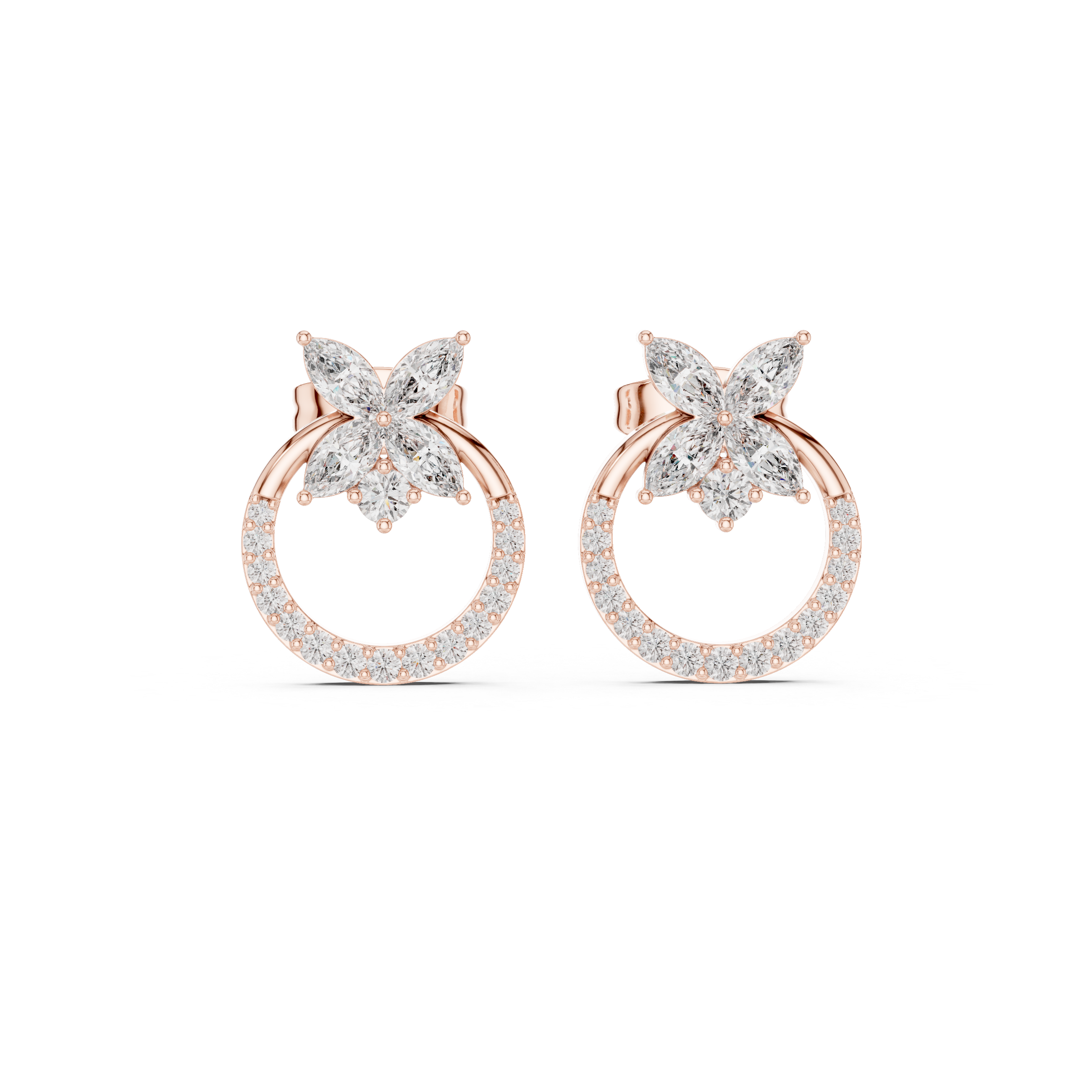 Marquise diamond floral top with round halo hoop stud earrings