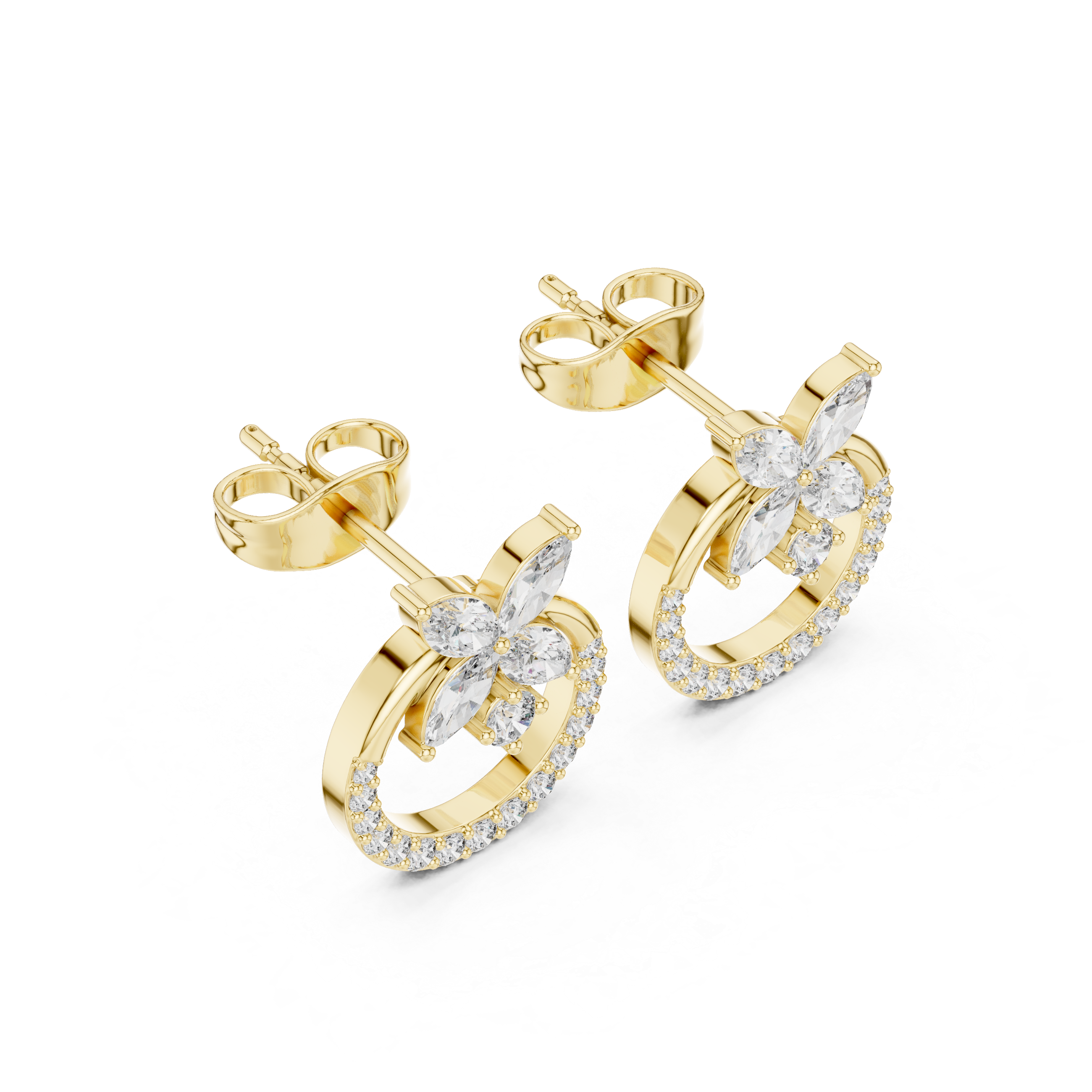 Brilliant marquise diamond floral hoop stud earrings round halo detail