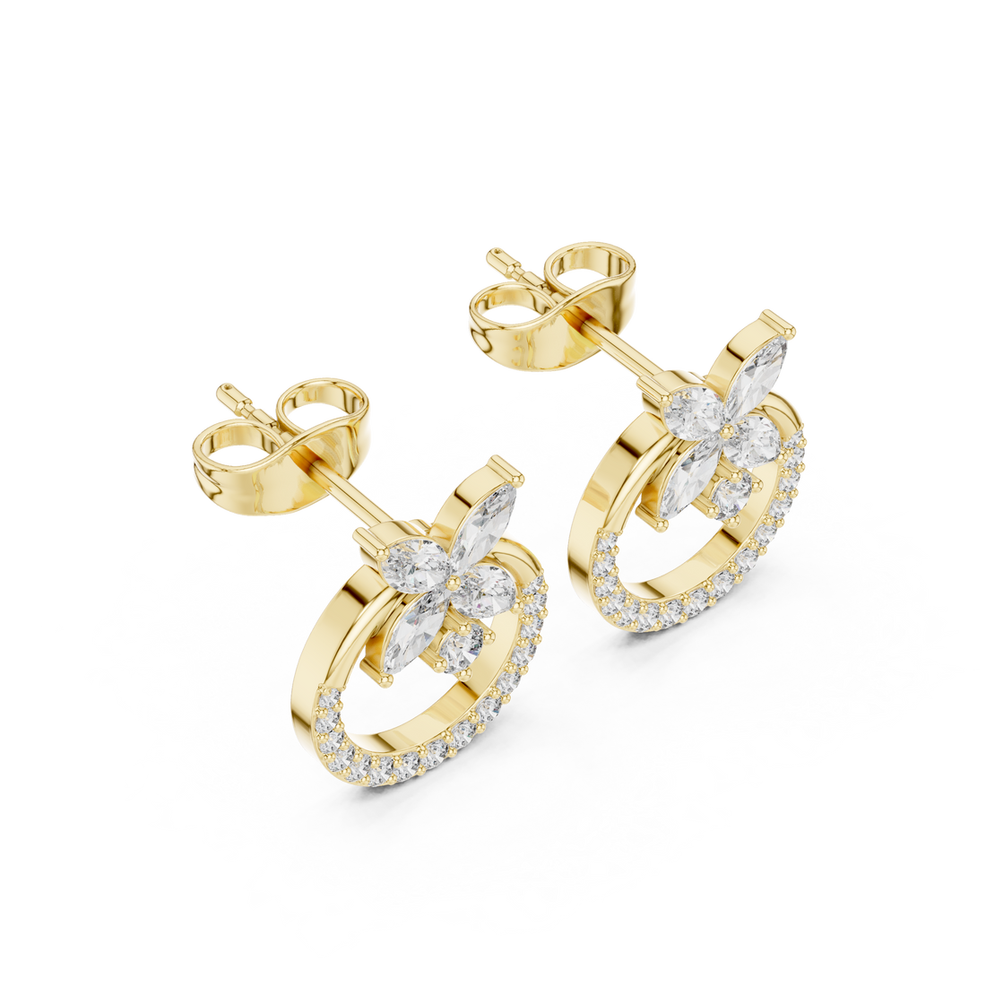 Brilliant marquise diamond floral hoop stud earrings round halo detail