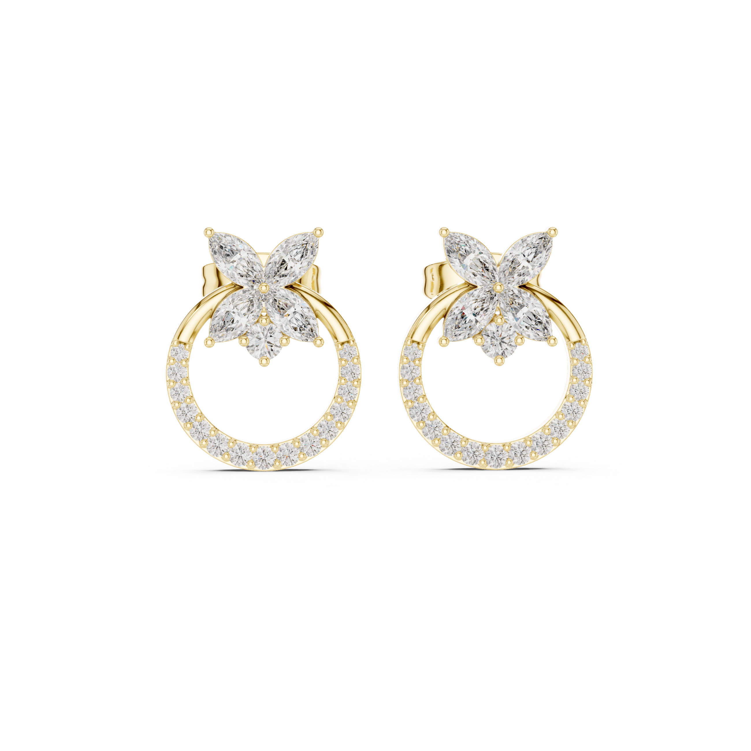 High shine marquise diamond floral hoop stud earrings halo setting