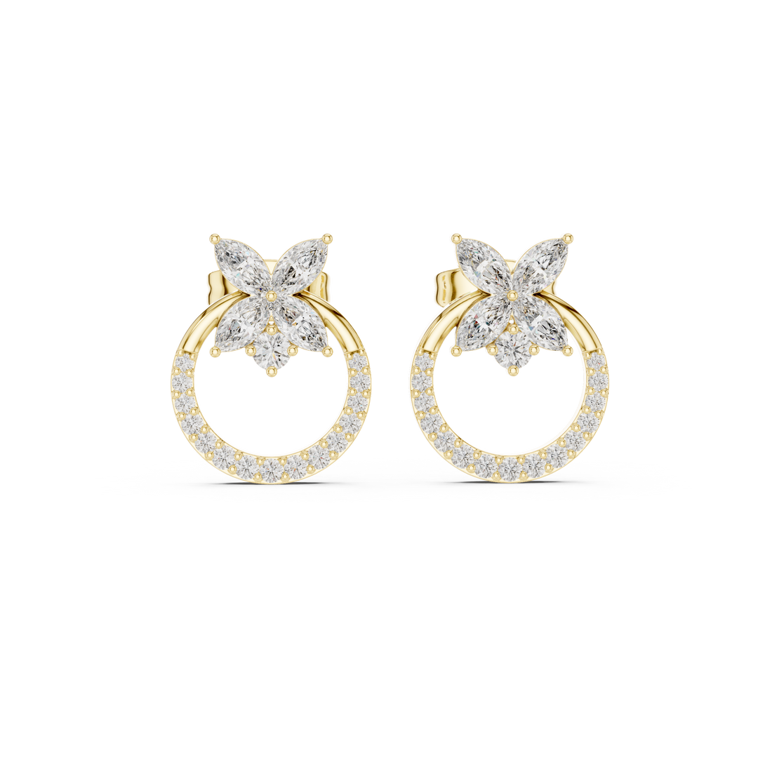 High shine marquise diamond floral hoop stud earrings halo setting