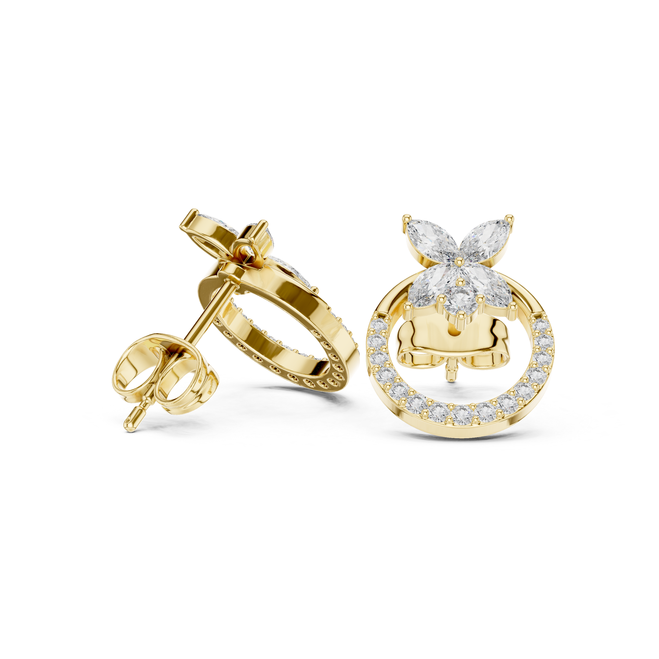 Premium marquise diamond floral top with round halo hoop stud earrings modern design