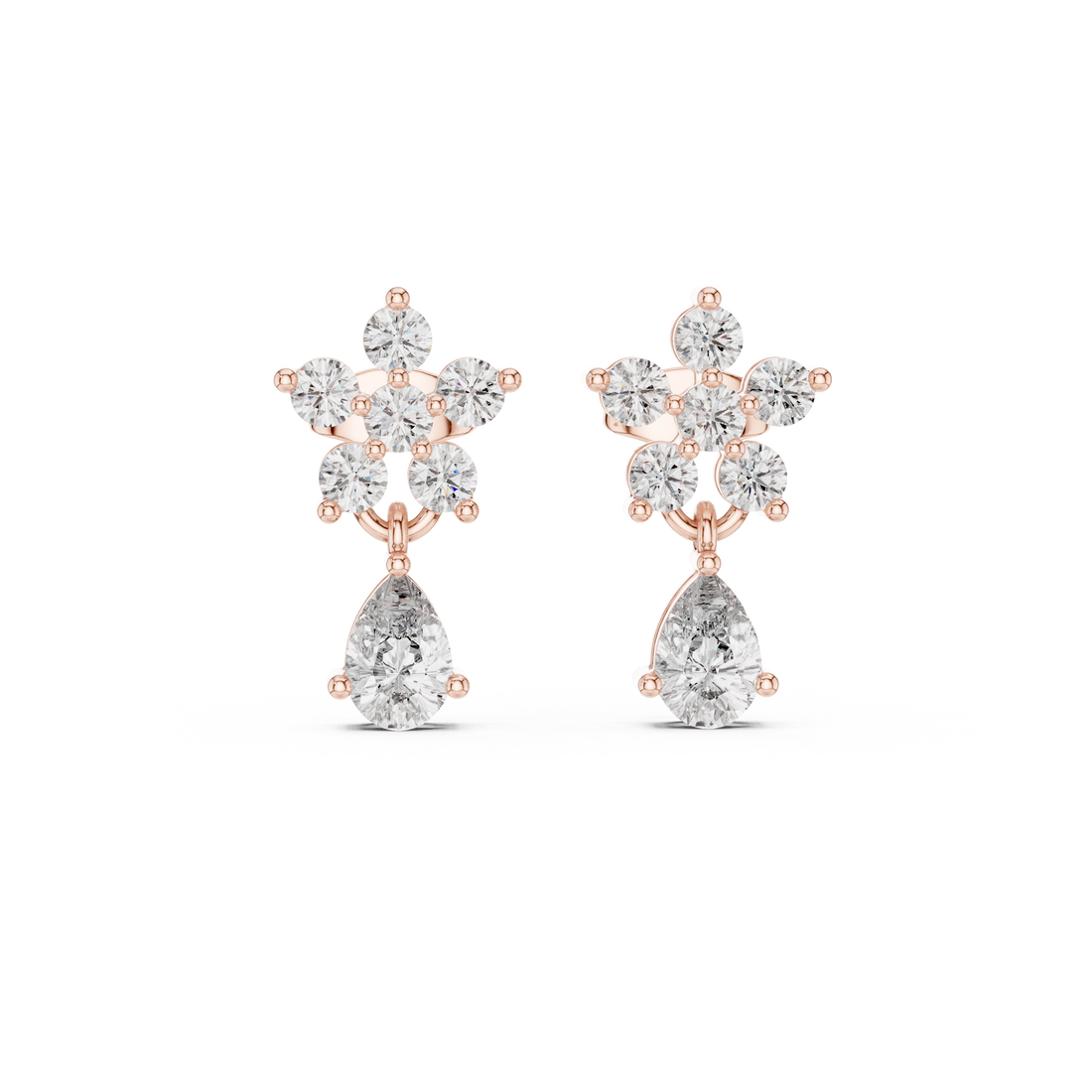 Round and pear cut diamond floral drop earrings