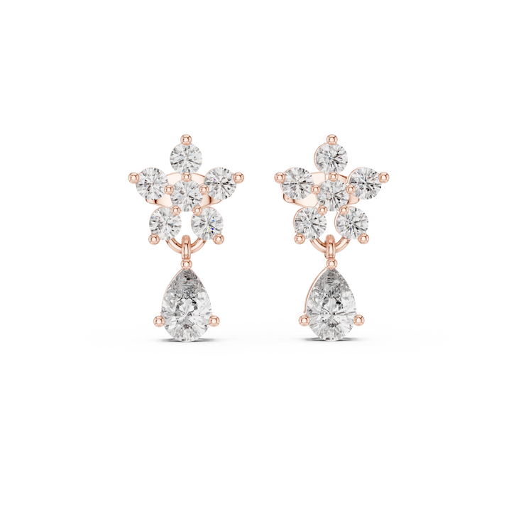 Round and pear cut diamond floral drop earrings