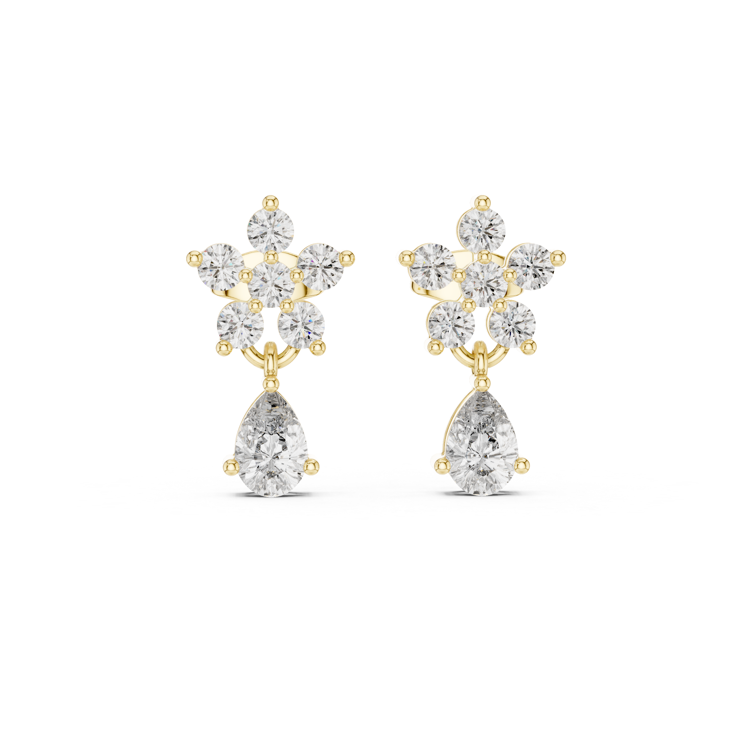 High shine round and pear cut diamond floral drop earrings
