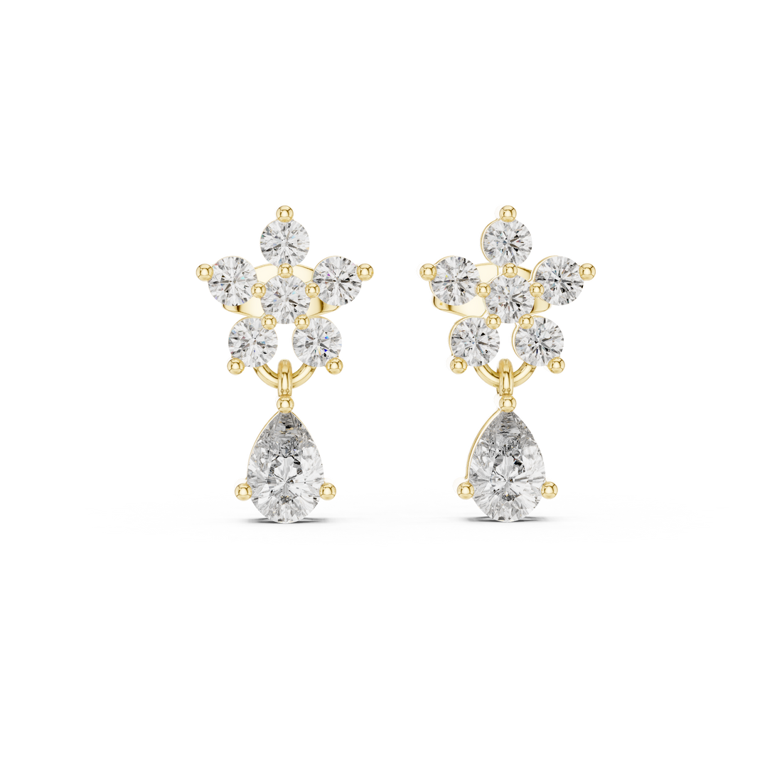 High shine round and pear cut diamond floral drop earrings